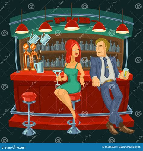 Cartoon Illustration Of Man Meets A Woman In Bar Stock Vector