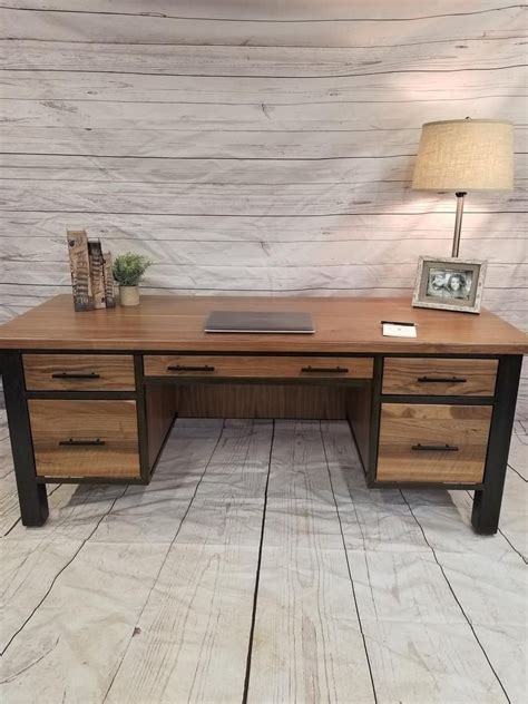 Industrial Office Desk Walnut Metal Desk Modern Executive Etsy