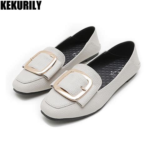 Big Size Flats Shoes Woman Metal Buckle Loafers Casual Ballet Flats