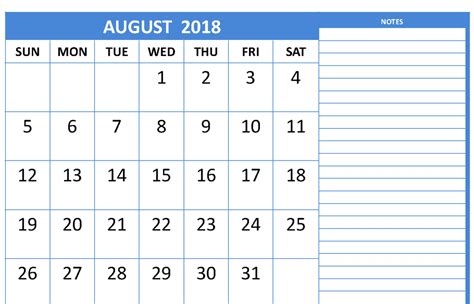 Printable Calendar August 2018 Notes Free Calendar Printables August