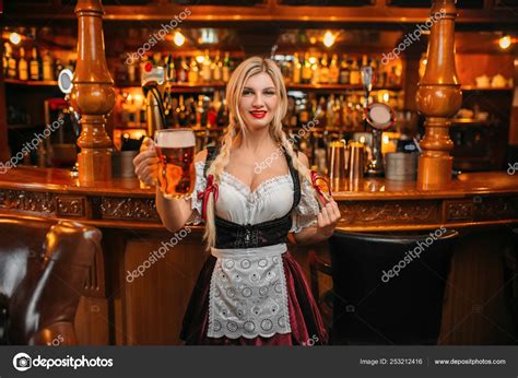 Sexy Waitress Holds Two Mugs Fresh Beer Pub Octoberfest Barmaid Stock