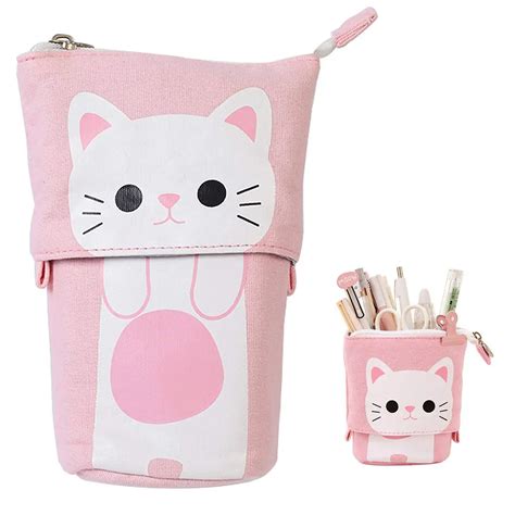Kawaii Pencil Case Zipper Cute Cat Pencil Box Standing Stretch