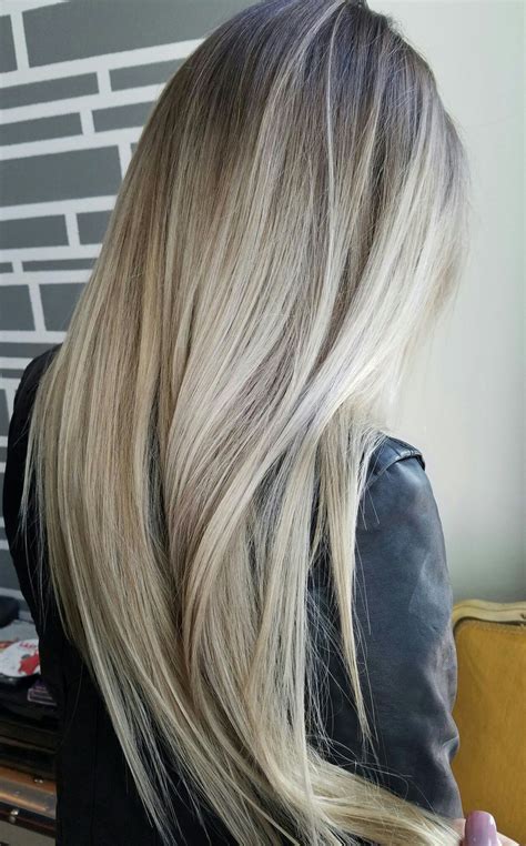 Rooty Blonde Blonde Balayage On Long Hair Grey Balayage Balayage Straight Hair Hair Color