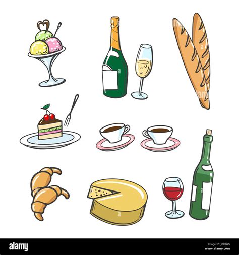 Hand Drawn Dessert Food And Drinks Vector Icons Of Popular French Food