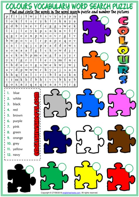 Colours Esl Printable Word Search Puzzle Worksheet