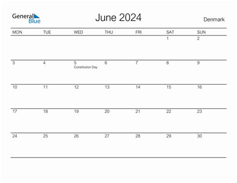 Printable June 2024 Monthly Calendar With Holidays For Denmark