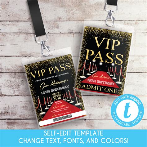 Editable Vip Pass Birthday Invitation Lanyard Insert Etsy Uk