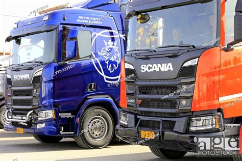 Lieto Finland Apr 12 2018 New Scania Trucks R730 And Orange R650