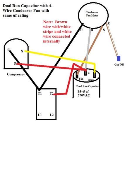 .motor run capacitor wiring diagram wiring an air conditioner condenser run capacitor compared to a heat pump condenser run.condenser fan motor will likely have the black wire (noted in the wiring diagram) go directly. Not so simple Condenser Fan diagnosis. - DoItYourself.com ...