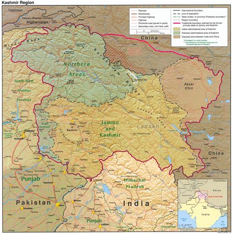 Kashmir Region Physical Map Full Size Gifex
