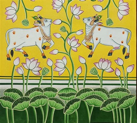 Pichwai Painting Of Cow And Lotus Yellow Wall Art Work Traditional