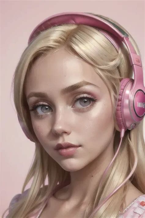 Dopamine Girl Bimbo Caucasian Blonde Hair Late Twenties Pink Headphones Head Facing