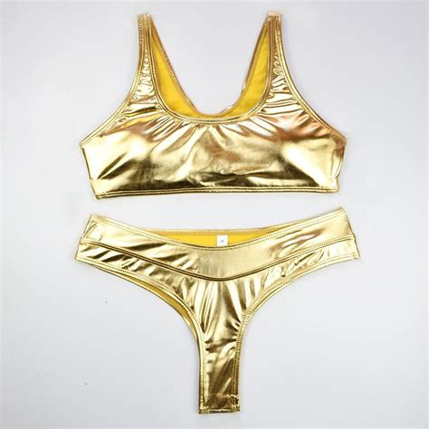 2021 Sexy Shiny Goldsilver Metallic Leather Scoop Neck Biquini Bathing