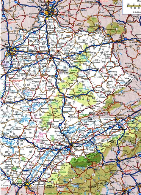 Road Map Of Kentucky With Distances Between Cities Highway Freeway Free