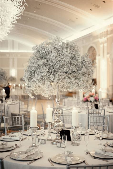 Silver Baby Breath Big Tall Wedding Centerpiece Ideas