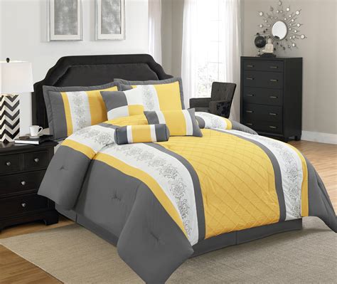 Legacy Decor 7 Pc Grey Yellow And White Striped Comforter