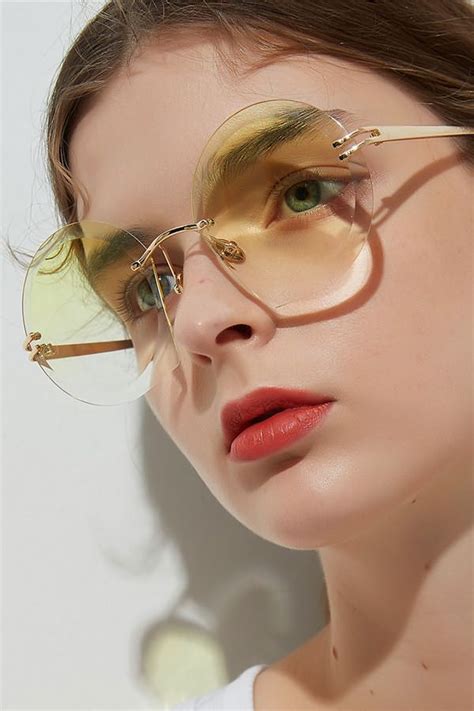 Yellow Rimless Tinted Lens Anti Uv Retro Round Sunglasses In 2021 Round Sunglasses Glasses