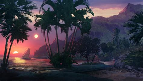Wallpaper Sunset Beach Palm Trees Sea Art Hd Widescreen High