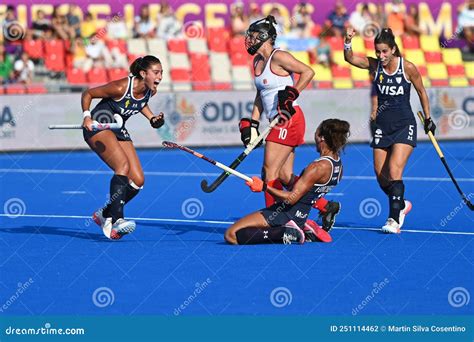 argentine team celebrating a goal in the argentina vs canada field hockey match at the fih