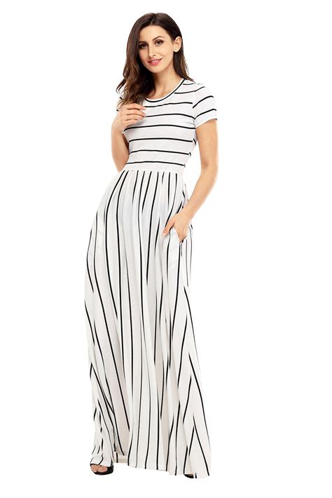 Women S Summer Casual Loose Striped Long Dress Short Sleeve Pocket Maxi Ebay