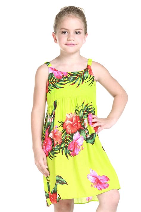 Girl Luau Dress Hawaiian Dress Elastic Strap Dress In Lime Green With