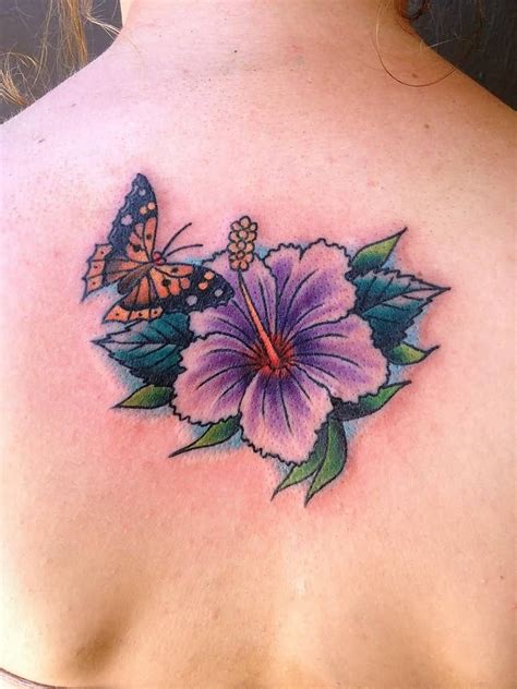 Butterfly Hibiscus Tattoo On Upper Back For Girls Hibiscus Tattoo