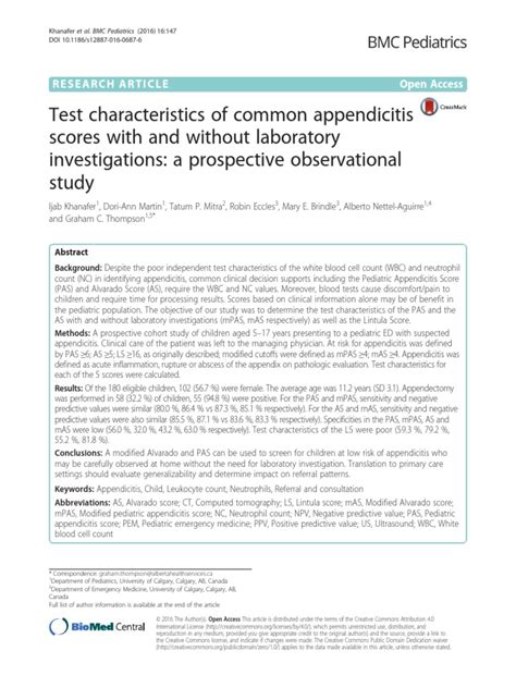 Khanafer Test Characteristics Of Common Appendicitis Scores With And