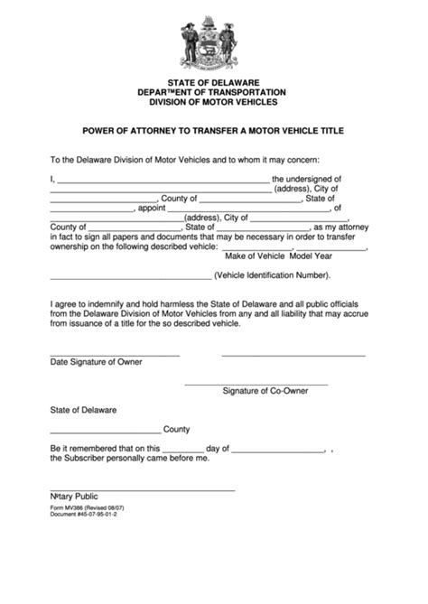 Fillable Power Of Attorney To Transfer A Motor Vehicle Title Printable