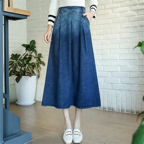 Casual Skirts Denim Cotton Blend Plus Size Ealstic Waist Mid Calf Empire Button A Line Skirts