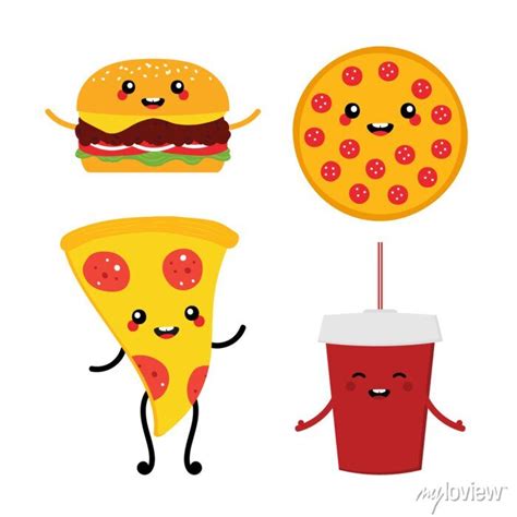 Set Collection Of Cute Vector Cartoon Fast Food Characters Wall