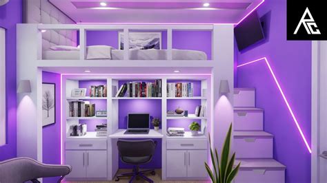 A Bedroom With Purple Lighting And White Furniture
