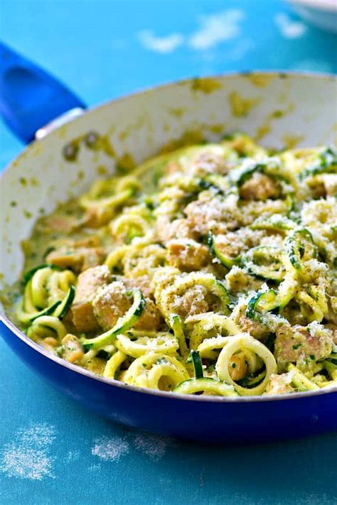 Includes an easy zucchini noodles recipe, how to avoid watery zoodles, spiralizer comparison, cooking methods, best way to store them, and more. One-Pot Pesto Chicken Alfredo Zucchini Noodles
