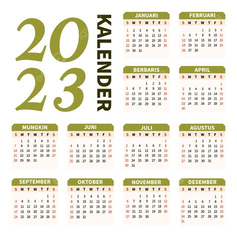 Gambar Template Kalender Bahasa Indonesia 2023 Satu Halaman Berwarna