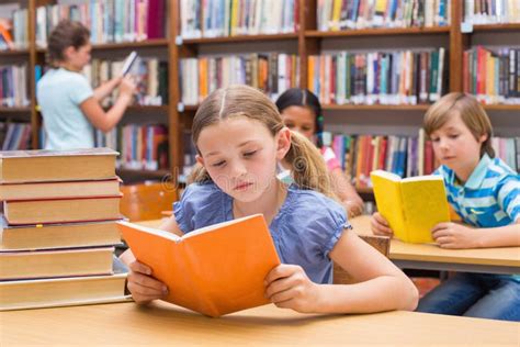 Cute Pupils Reading In Library Stock Photo Image Of Male Childhood