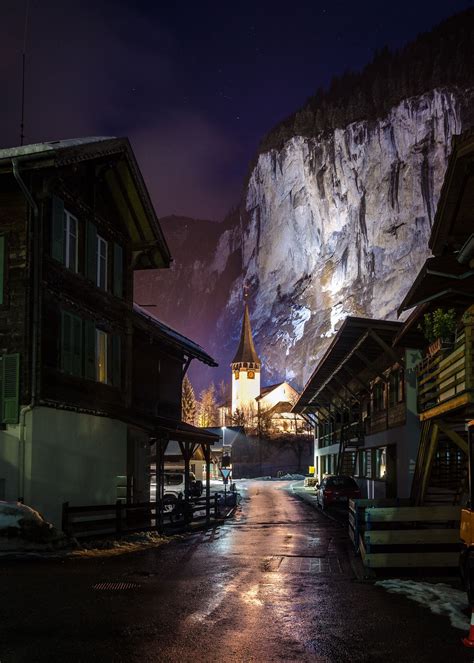 A winter night in Lauterbrunnen Switzerland [OC][1463x2048