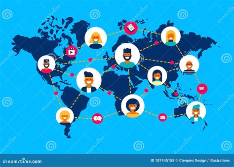 Social Network World Map People Team Connection Vector Illustration
