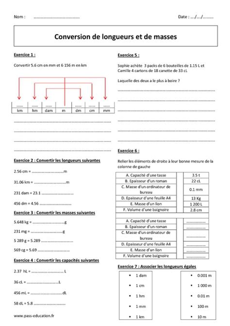 Conversion De Longueurs Et De Masses 6ème Exercices à Imprimer