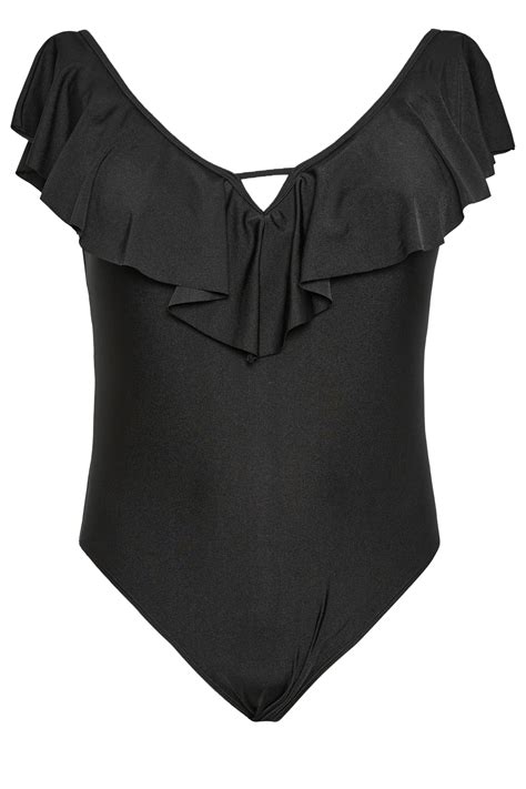 Yours Plus Size Curve Black Frill Plunge Tummy Control Swimsuit Yours