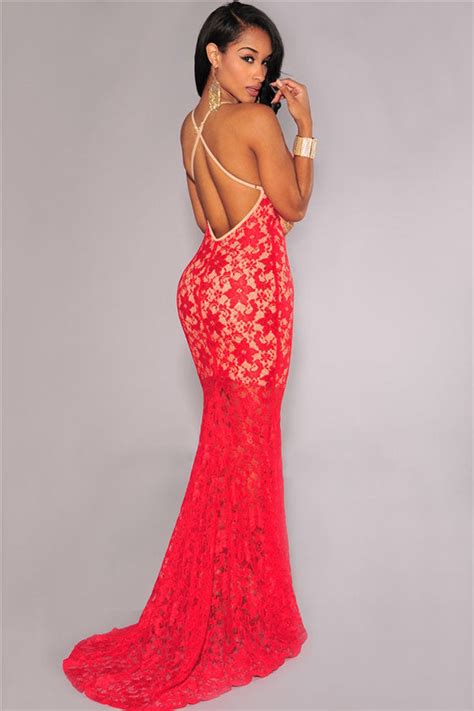Red Lace Nude Illusion Crisscross Back Evening Dress Sexy Affordable Clothing