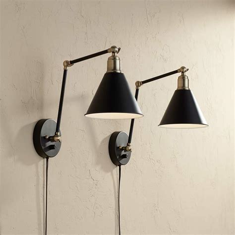 Shop for plug in wall lights at bed bath & beyond. Wray Black and Antique Brass Plug-In Wall Lamp Set of 2 - #9J684 | Lamps Plus