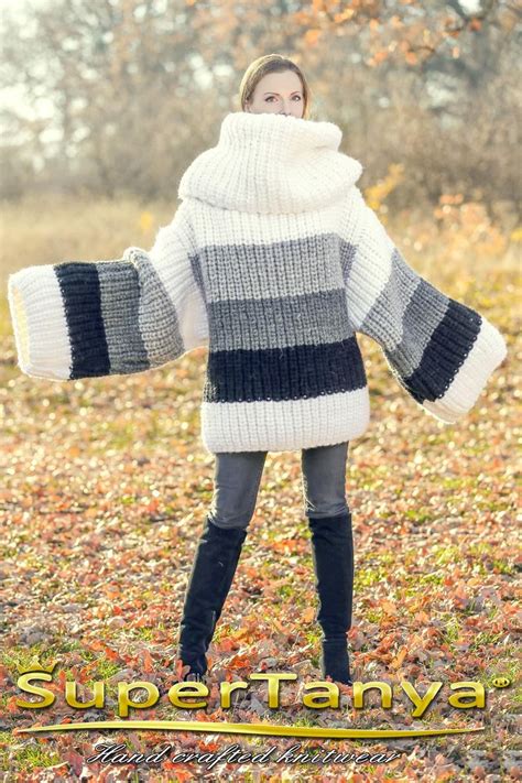 Huge Oversized Striped Wool Sweater Hand Knitted Cowlneck Big Etsy
