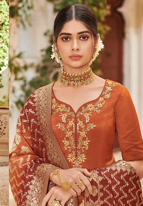 Orange Elegant Silk Embroidered Palazzo Style Pakistani Suit 704 Embroidery Suits Design