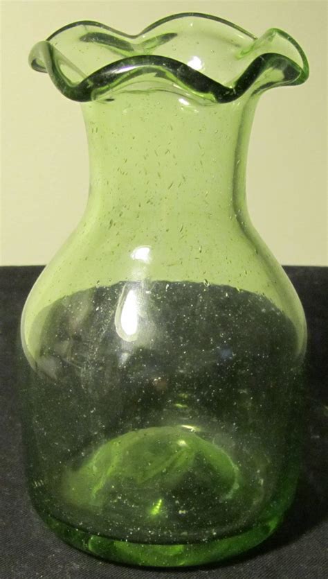 Vintage Hand Blown Green Glass Flower Vase Speckled Air Bubbles Colony Glass