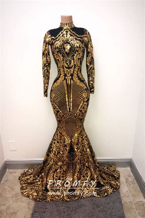 Gold Sequin And Black Lining Long Sleeve Prom Dress Promfy