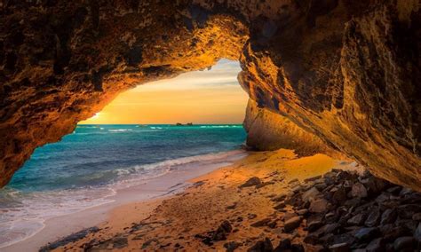 Sunset Scenario Cave In The Sea Coast Desktop Hd Wallpaper For Pc