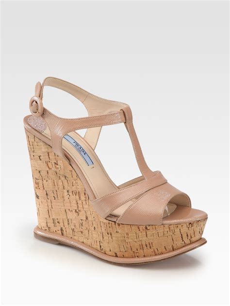 Prada Platform Cork Wedge Sandals In Natural Lyst