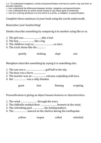 We have a large collection of printable worksheets for students about teaching similes and metaphors. Similes, metaphors and personification sheets. by Miss_N ...