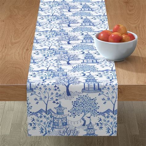 Pagoda Forest In Blues Table Runner Chinoiserie Blue And White