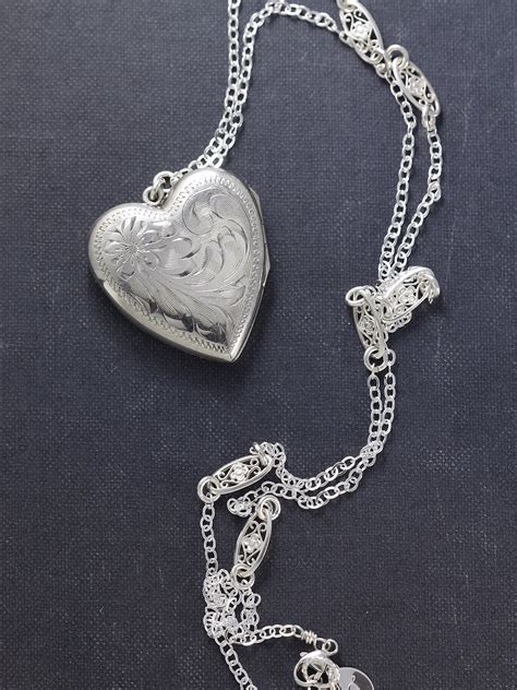 Sterling Silver Heart Locket Necklace Vintage Photo Pendant With