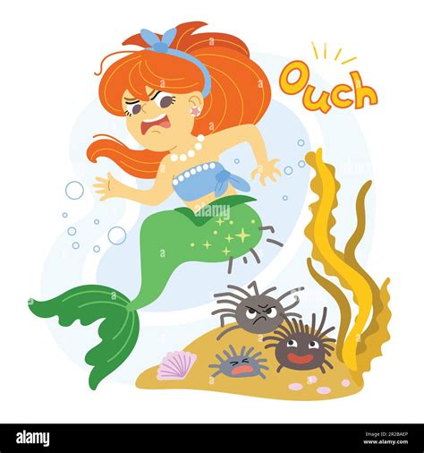 Funny Mermaid Sat On A Sea Urchins Humor Vector Cartoon Illustration